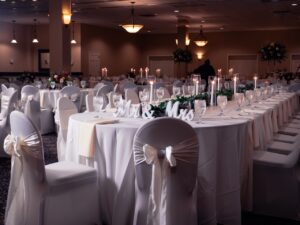 Long tables set up for wedding at The Embassy
