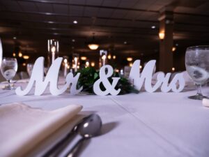 Mrs and Mrs wooden sign- wedding table set up